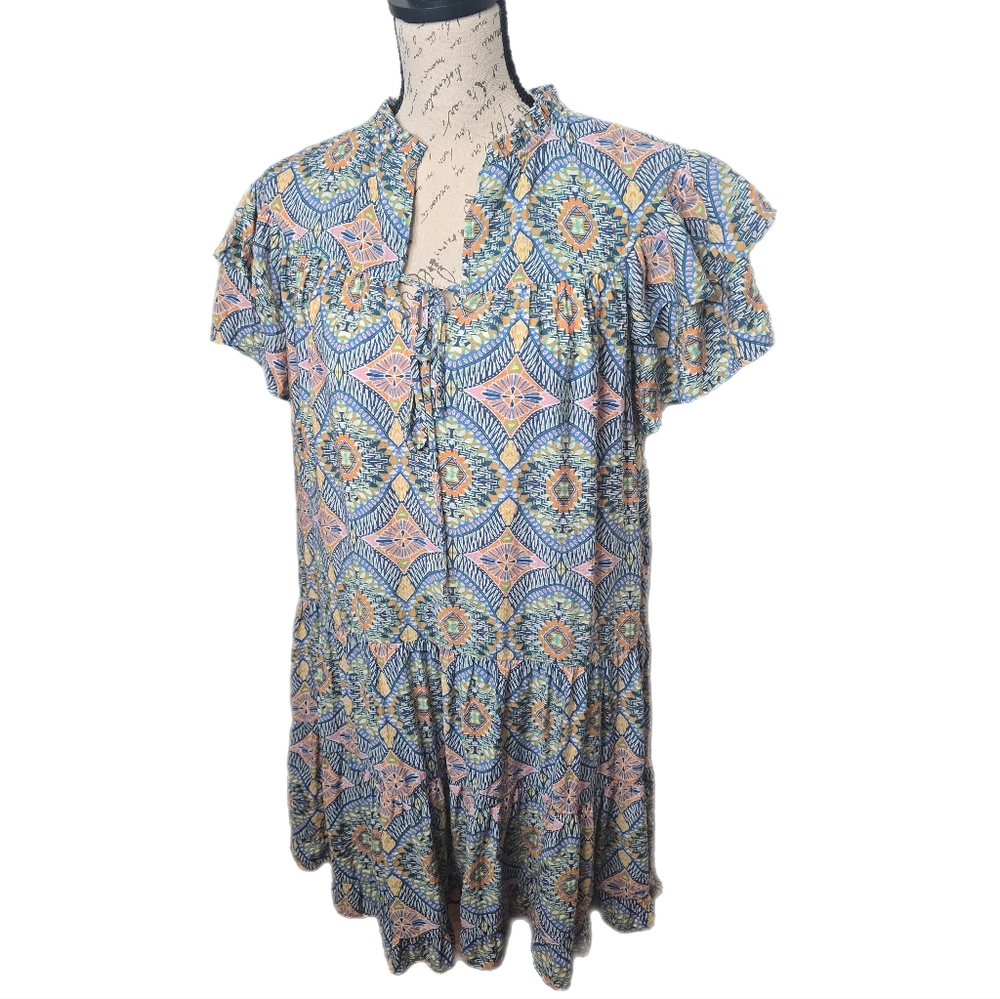 Current Air Geometric Tile Motif Flutter Sleeve Floral Print Mini Dress - Medium